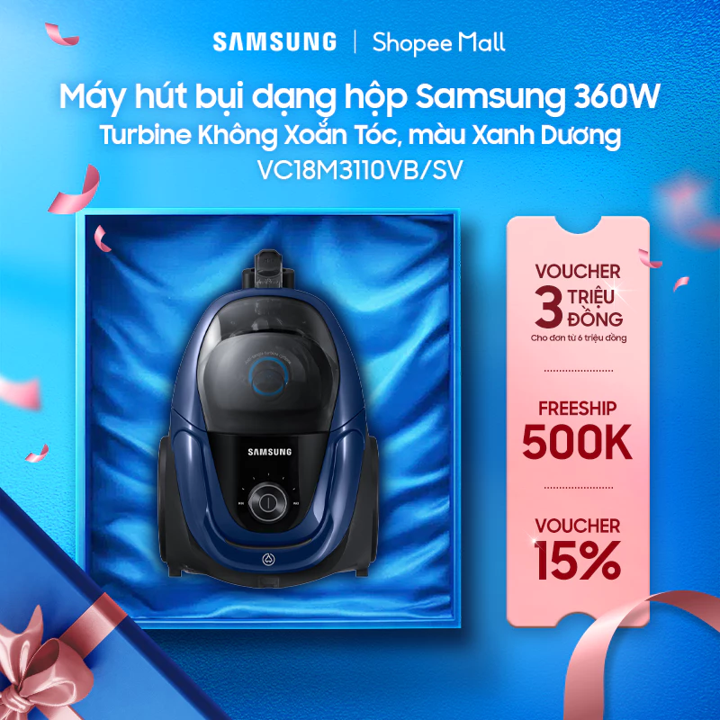 Máy hút bụi dạng hộp Samsung 360W VC18M3110VB/SV - Turbine Không Xoắn Tóc, màu Xanh Dương